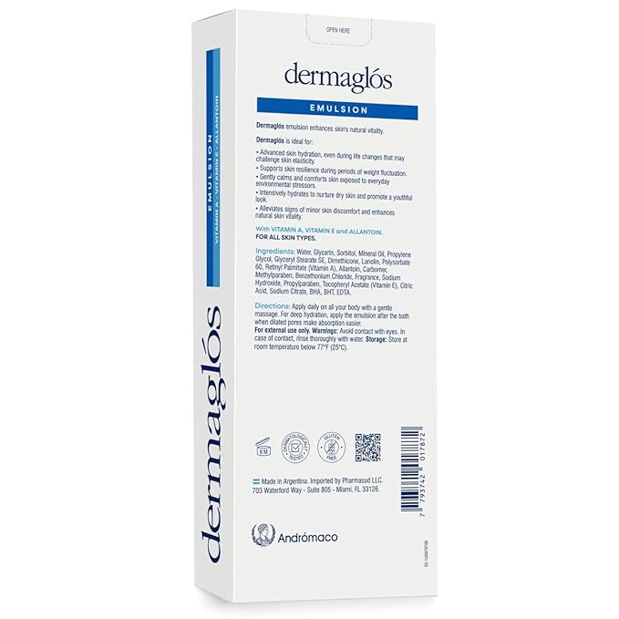 Dermaglos Moisturizing Body Lotion for Dry Skin with Extra Vitamin A, Vitamin E & Allantoin | Hydrating Emulsion & Regenerating formula for Stretch Marks, Tattoos, Scars & Wrinkles | 13.52 Fl Oz