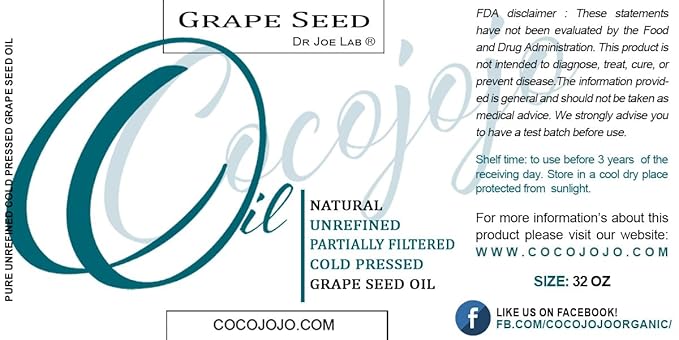 Grapeseed Oil - Pure Unrefined Cold Pressed All Natural Non GMO Vegan Grape Seed Cold Pressed 16 or 32 oz Body Hair Face Skin Massage Moisturizing -Packaging May Vary - (32 oz)
