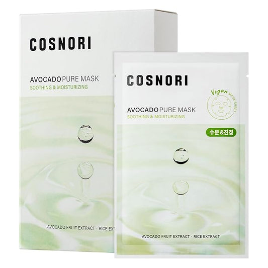 COSNORI AVOCADO PURE SHEET MASK (10pc) - Clean, Hydrating and Soothing for Dry skin, Korean Face Mask- Avocado Extract, 0.81oz x 10pc