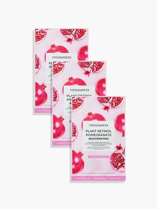 Vitamasques Retinol Pomegranate Face Sheet Mask 7 Pack - Korean Skin Care Facial Mask Rejuvenate & Hydrating Skin Care - Natural & Biodegradable