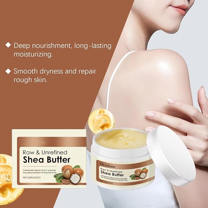 Pure Organic Shea Butter, Raw Body Butter Enriched with Vitamin A, Vitamin F, Deep Nourishing Body Hair and Face, Long-Lasting for Dry Skin, Hair Care, Natural Moisturizer