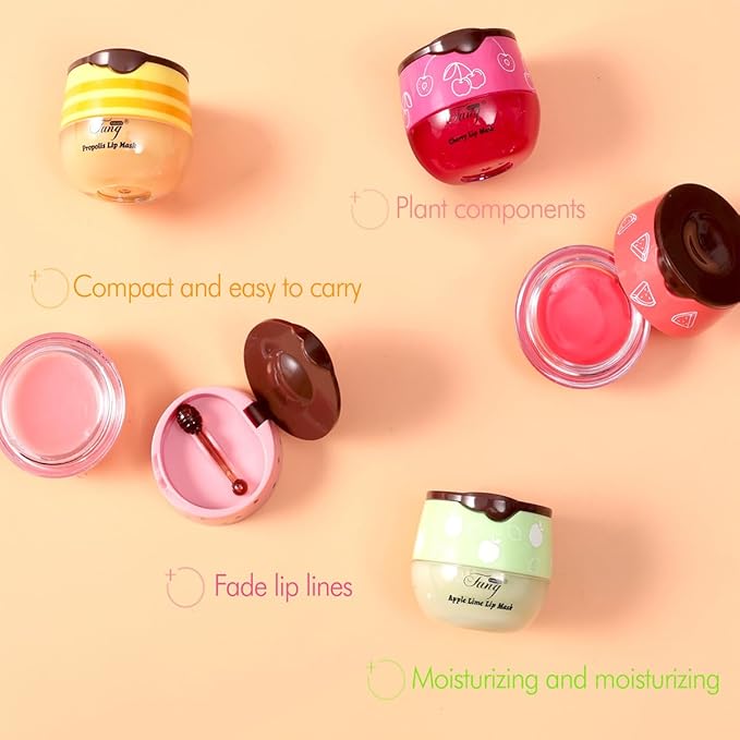 4 PCS Bee Lip Balm Honey Pot,Lip Mask Propolis Moisturizing,Prevention Dry and Cracked Lip Scrubs Exfoliator Lip Wrinkle Skin Care Products (Honey & Strawberry & Watermelon & Apple Lime)