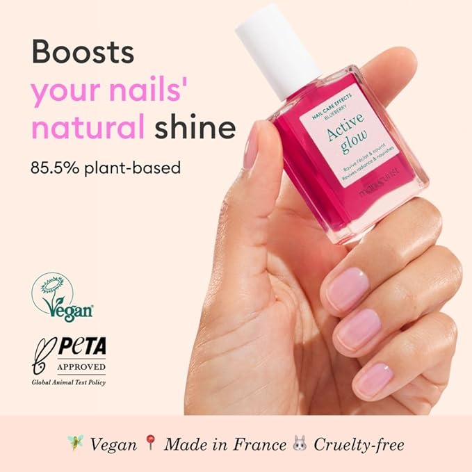 Manucurist Active Glow™ Blueberry All-in-One Perfecter Nail Polish & Care - No Lamp - Vegan & Made in France Ultra-Glowy Rose Mirror-Like Shine - Nail Concealer & Care - Plant-Based Ingredients