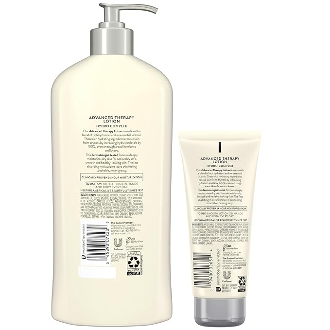 Suave Lotion, Hydro Complex Advanced Therapy Bundle – Daily Moisturizing Body Lotion for Dry Skin with Vitamin E, 18-Oz Pump Bottle + 3-Oz Travel-Size