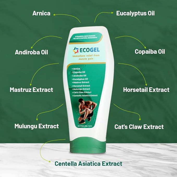 Body Massage Gel; Fast Pain Relief; Sports Injury Gel; Ecogel – Fast-Acting, Natural Formula with 9 Ingredients, Anti-inflammatory for Sore Muscles, Arthritis, Sports Injuries – 200ml.