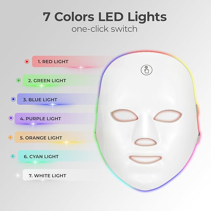 Red Light Mask for Face, 7 Color Red Light Facial Masks, At-Home Facial Care Device, Portable, Cordless, and Rechargeable
