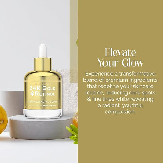 Bella Beauty 24K Gold & Retinol Face Serum - Reduces Age Spots, Fine Lines & Wrinkles, Lifting & Firming - Dermatologist Tested, Cruelty-Free Korean Skin Care for All Skin Types - 1.69 Fl. Oz
