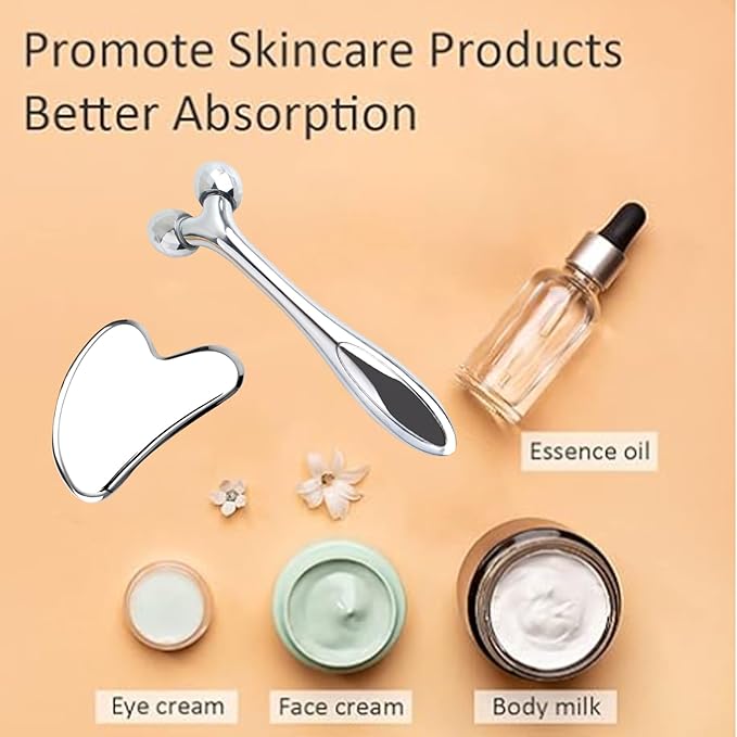 Face Massager, Metal Zinc Alloy Face Roller Massage Tool Stainless Steel Large Heart Gua Sha Scraping Board Facial Skin Tools Set for Women Face Neck Eye Body Skin Care