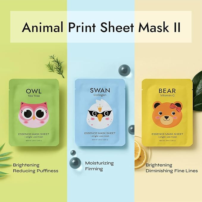 E5 Animal Print Sheet Mask (Bear, Owl, Swan) 12 pcs