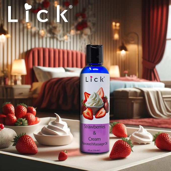 Lick Strawberries and Cream Flavored Massage Oil – Romantic, Body Safe, Non-Greasy Formula, Date Night 4 oz
