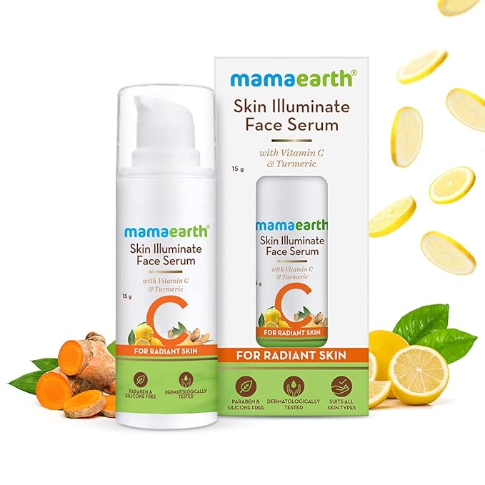 Mamaearth Vitamin C Skin Illuminate Face Serum for Radiant Skin | Helps Reduce Fine Lines & Wrinkles | Radiance Serum with Turmeric | Suits All Skin Types | 0.51 Fl Oz/15ml