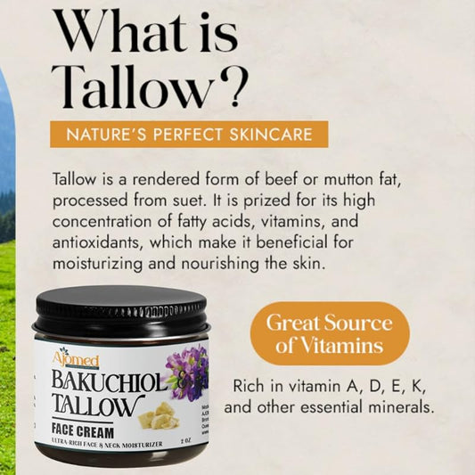 Beef tallow face cream with 2% Bakuchiol oil- Handmade NON GREASY anti aging tallow for skin- face moisturizer, Natural retinol- eczema cream, anti wrinkle, fine lines (Frankincense)