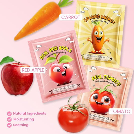 Kaely 6 Pack Fruit Face Masks for Kids, Kids Face Mask Spa Day kit Supplies, Spa Party Favors for Teens Girls Women, Sheet Facial Mask Skincare Gifts Set, Moisturize Soothe for All Skin Types, 02