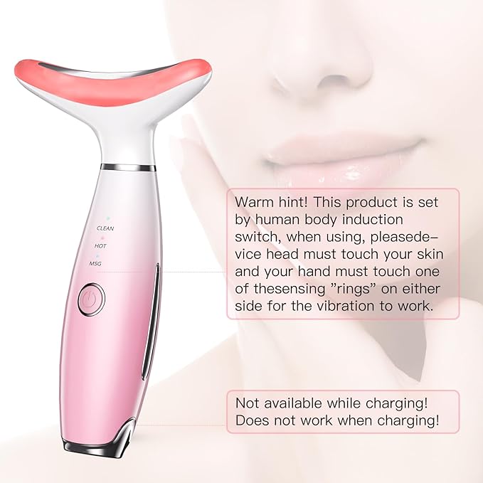 Neck Face Massager, Skin Care Face Massage Tool, 3-in-1 Facial Massager, Face Sculpting Tool with Thermals, Vibration (Pink)