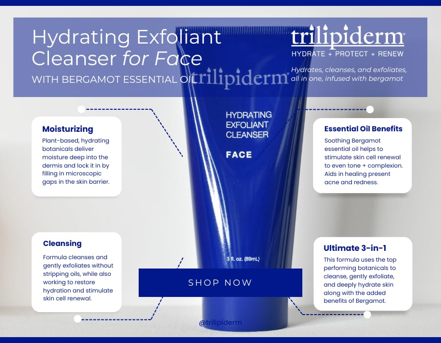 Trilipiderm Hydrating Exfoliant Cleanser – 3-in-1 Face Cleanser, Scrub & Hydrator, Fragrance-Free, Daily Facial Cleanser, Travel Size 3 Ounce Tube