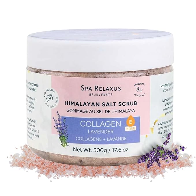 Spa Relaxus Himalayan Salt Scrub with Collagen 17.6 oz Jar, Rejuvenating Hydrating Salt Scrub with 84+ Minerals, Vitamin E, Jojoba Oil and Essential Oils (17.6 oz, Lavender)