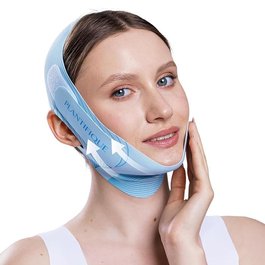 PLANTIFIQUE Chin Strap for Face Contouring - Reusable V Line Ice Silk Fabric Mask - Double Chin Shaping, Adjustable, Breathable Fabric - Jawline Shaper for Women & Men