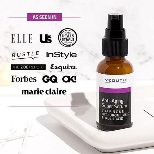 YEOUTH Anti Aging Serum for Face with Hyaluronic Acid, Ferulic Acid, Vitamin C and E, Hydrating Face Serum for Women and Men Targets Dull and Dry Skin 1oz