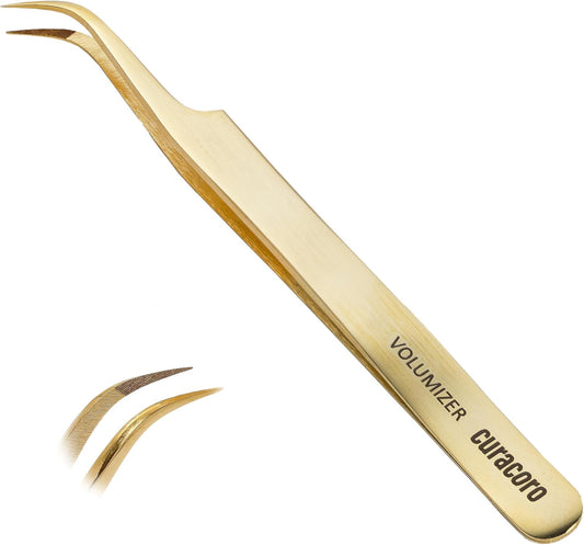 Curacoro Lash Tweezer - Professional & Precision Fiber Tip Grip Lash Tweezers for Eyelash Extensions, Multi Shapes & Purposes Tweezers for Volume, Isolation & Classic Lashes (Gold, Volumizer)