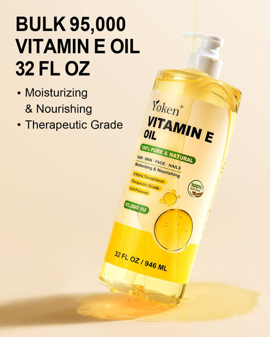 Yoken Vitamin E Oil 32 Fl Oz Organic Vitamin E oil for Skin 95,000 IU Vitamine oils for Scars Hair,Face,Nail,Scalp Perfect DIY Bath and Body Oil Cold Pressed Hexane Free Non-GMO Gluten Free Formula