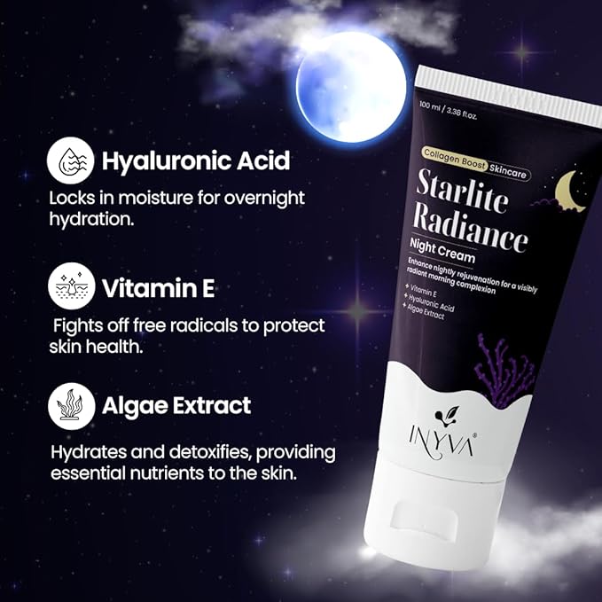 Starlite Radiance Night Cream | Intensive Hydration with Hyaluronic Acid, Vitamin E & Algae Extract | Anti-Aging & Revitalising | Deep Moisturizing for All Skin Types - 3.38 Oz