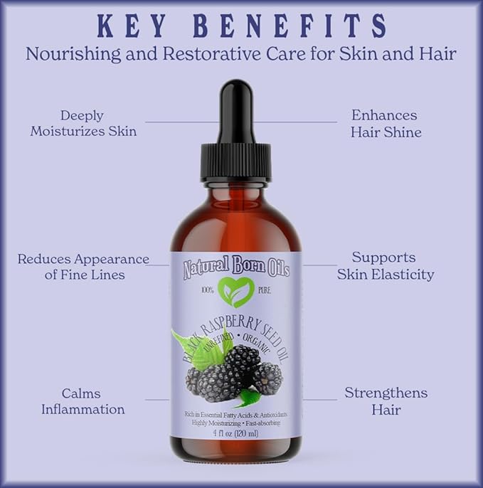 4oz Black Raspberry Seed Oil, 100% Pure and Natural, Cold-Pressed, Unrefined, Organic, for Healthy Skin and Hair - Includes Pump & Dropper