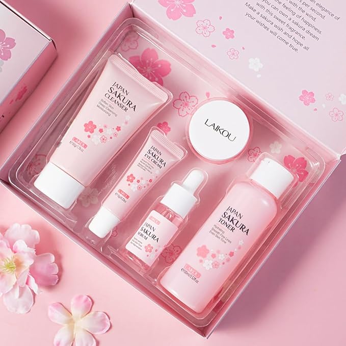 Skincare Gift Set Sakura Skin Care Travel Kit with Cleanser, Toner, Serum, Eye Cream, Face Cream for Women Girls (5pcs)