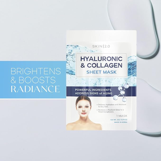 Hyaluronic Acid & Collagen Sheet Mask - Hydrating, Anti-Aging, Skin Firming - Dermatologist Tested Korean Skincare - Clean Beauty, Natural Ingredients, Cruelty-Free, All Skin Types - 5 Masks