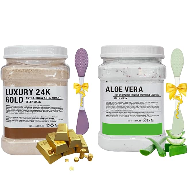 Jelly Mask Powder for Facials,Aloe Vera Jelly Masks For Facials Professional, 24K Gold Jelly Face Mask,Face Masks with Double-ended Silicone Brush, 23 Fl Oz