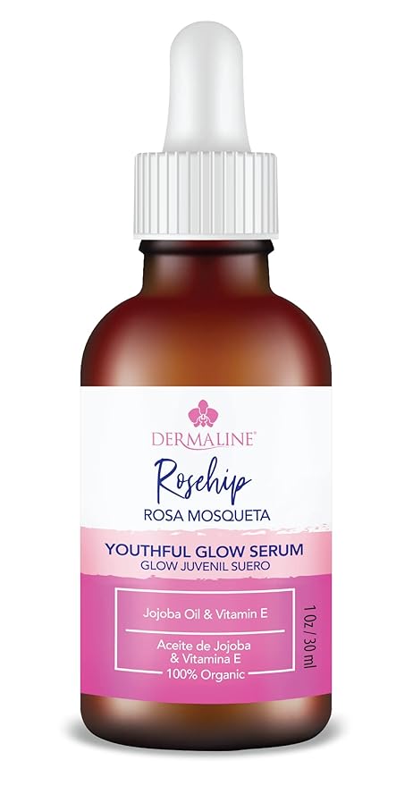 Dermaline Organic Rosa Mosqueta Rosehip Seed Oil 100% Pure Virgin Serum for Face with Jojoba Oil and Vitamin E