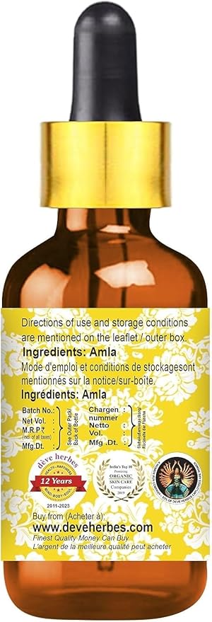 Deve Herbes Pure Amla Oil (Emblica officinalis) with Glass Dropper Natural Therapeutic Grade 15ml (0.50 oz)
