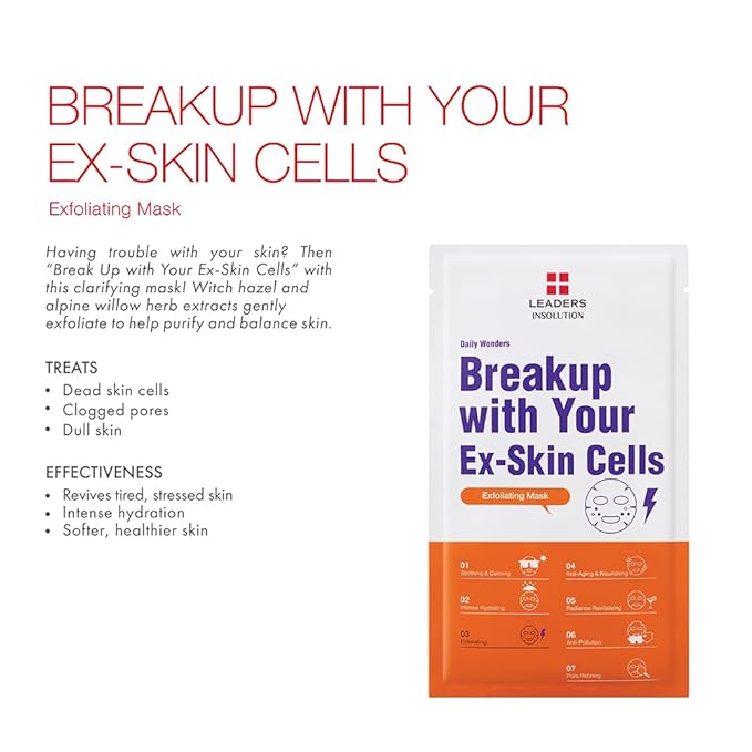 Leaders Insolution Daily Wonders Breakup With Your Ex-Skin Cells Facial Mask Sheet Clarifying and Exfoliating Dead Skin Korean Skincare (10 Sheets)
