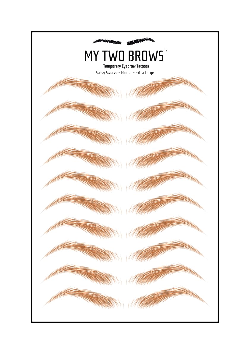 (10 pairs) Ginger Temporary Eyebrow Tattoo - Extra Large Size - Waterproof & Smudgeproof - Sassy Swerve Style Eyebrow Stickers - Sheet Lasts up to 30 Days - Won't Work on Existing Brows