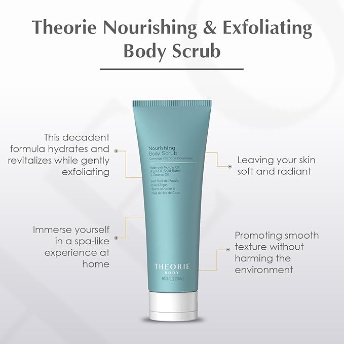 Theorie Nourishing and Exfoliating Body Scrub - Made with Marula, Argan, Coconut Oil, Shea Butter & Vitamin E, Amber Rose Fragrance. Eco-Friendly Pumice, Vegan, Gluten Free, Cruelty Free 200mL Tube