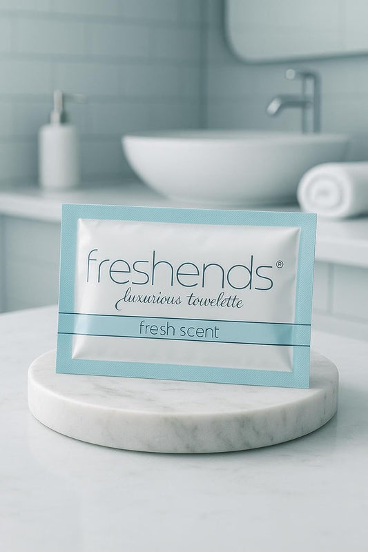 Freshends Flushable Individually Wrapped Wipes – 100 Bulk Pack Luxurious Towelettes, Guest Bathroom Essentials for Weddings, Restaurants, Bars & Clubs – Gray, Travel-Size, Disposable