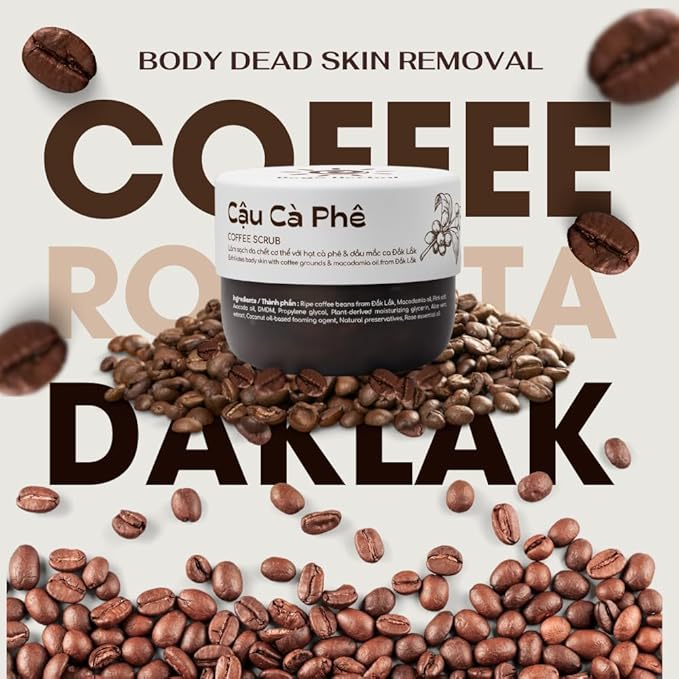 Coffee Body Scrub with Dak Lak Ripe Coffee, Macadamia Oil, Himalayan Salt, Aloe Vera & Pink Grapefruit Essential Oil – Exfoliating & Moisturizing for Smooth, Radiant Skin (8.8 fl oz)