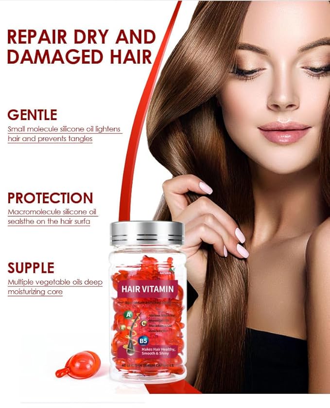 Hair Treatment Serum 40 Count- Vitamins Capsules with Argan Macadamia & Avocado Oils, Vitamin A, C, E, Pro B5, Leave-In Conditioner for Women & Men Frizzy Damaged Hair Repair, No Rinse; HFJN