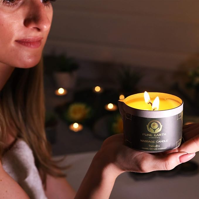 Sensual Massage Candle - Melts to Silky Oil, No Waxy Residue - Skin Moisturizing Body Massage Oil Candles (160 Grams or 6 oz.) - with Palmarosa, Ylang Ylang, Black Pepper by PURE EARTH essentials