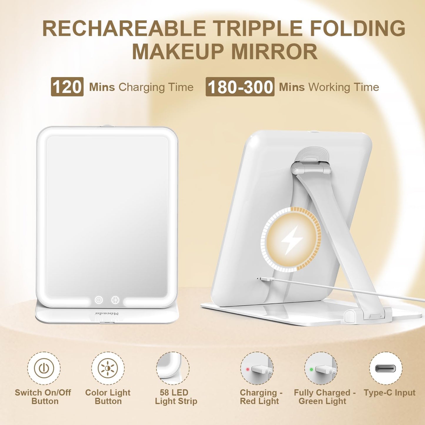 Mocado Travel Makeup Mirror with Light - 7x5 Inches Tripple Folding Travel Mirror with Light, 3 Colors Lighted Makeup Mirror, Portable Makeup Mirror, Freely Adjust Height and Angle(White)