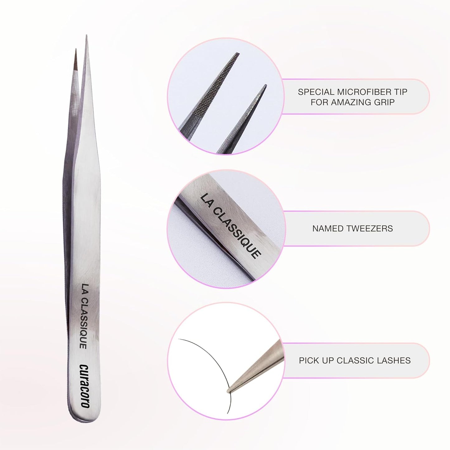 Curacoro Lash Tweezer - Professional & Precision Fiber Tip Grip Lash Tweezers for Eyelash Extensions, Multi Shapes & Purposes Tweezers for Volume, Isolation & Classic Lashes (Silver, La Classique)