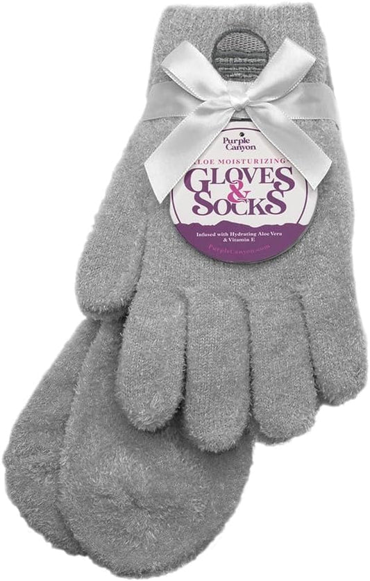 Purple Canyon Aloe Socks and Gloves Set | Light Gray Fuzzy Socks and Gloves Infused with Aloe and Vitamin E | Spa Socks and Gloves for Women