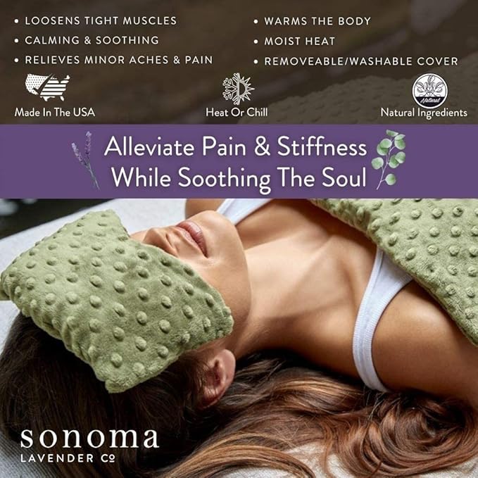 Eucalyptus Spa Mask by Sonoma Lavender, Heatable/Chillable Aromatherapy with Eucalyptus and Lavender Infused Flaxseed Insert, Eye Compress for Stress Relief with Removable and Washable Cover.