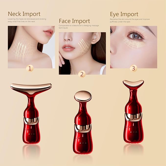 MMRH Firming Wrinkle Beauty Devicer for Facial/Neck/Eye, Multifunctional Vibration Massage Instrument, 3-in-1 Facial Skincare Instrument for Skin Care for Improve,Smooth and Tightening Skin (red)