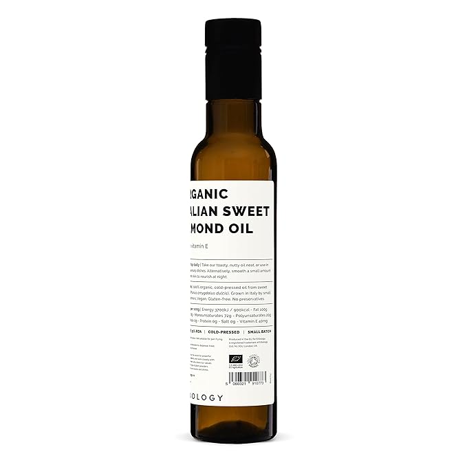 100% Organic Sweet Almond Oil 250ml - Cold-Pressed - Rich in Skin-Nourishing Vitamin E - Straight from Farm in Italy - Non-GMO - No Additives or Preservatives - Recyclable Glass Bottle