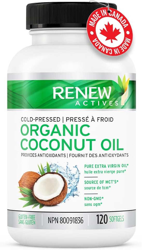 Renew Actives Coconut Oil Supplement 2000MG per 2 Softgels - Premium Source of Antioxidants, Natural Fatty Acids & Metabolism Support for Optimal Health & Energy - Made in Canada - 120 Softgels