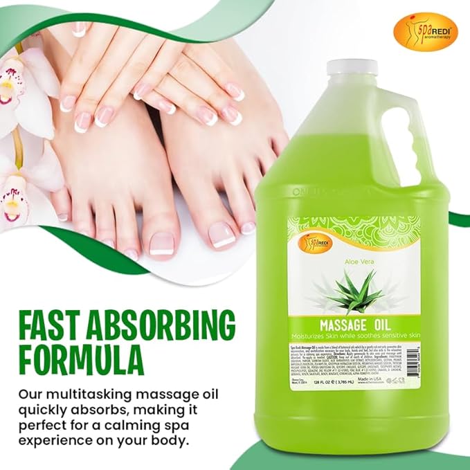 SPA REDI - Massage Oil, Aloe Vera, 128 Oz - Professional Pedicure, Manicure, Full Body Massage Therapy, Made with Almond Oil, Cotton Seed Oil, Sunflower Oil, Avocado Oil, Essential Oils, Vitamin E