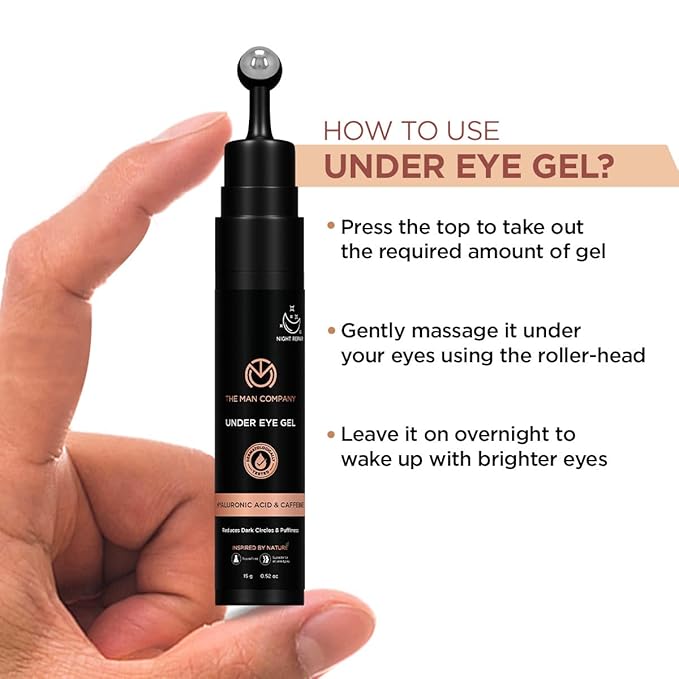 The Man Company Under Eye Gel With Cooling Massage Roller For Dark Circles, Fine Lines & Puffy Eyes with Caffeine & Hyaluronic Acid – 15gm
