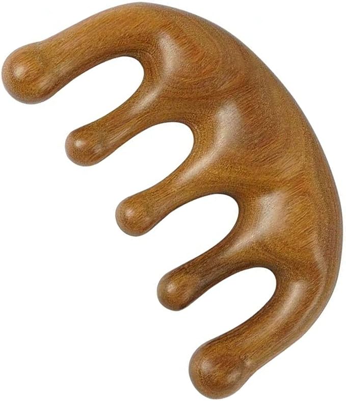 Massage Comb,100% Natural Handmade Pure wood Five-tooth meridians comb Scraping Multi-Functional Handheld Head Massage Tool,Hand Made Sandalwood Comb for Head Caring Relaxation Acupoint Massage