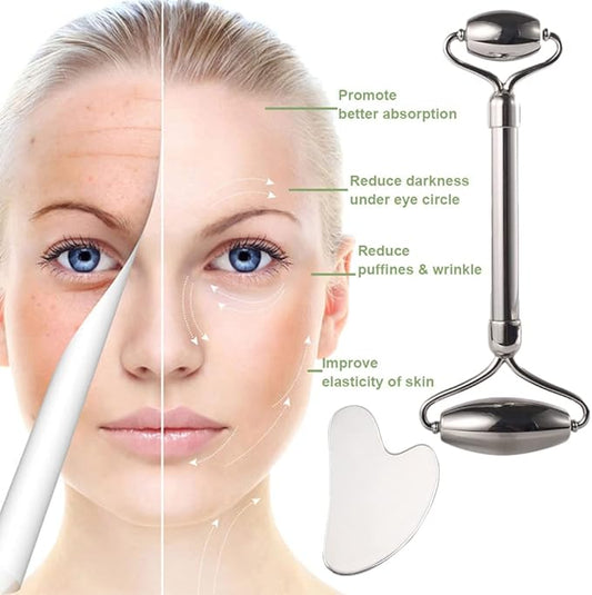 Gua Sha Facial Tools Stainless Steel Face Roller and Gua Sha Set for Puffiness and Skin Care Routine,Lymphatic Drainage, Facial Tension