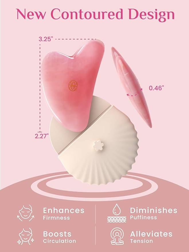 Rena Chris Gua Sha Facial Tools-Ergonomic Rose Quartz Gua Sha for Face Massage, Jawline Sculpting & Puffiness Reduction with Silicone Case (Pink)